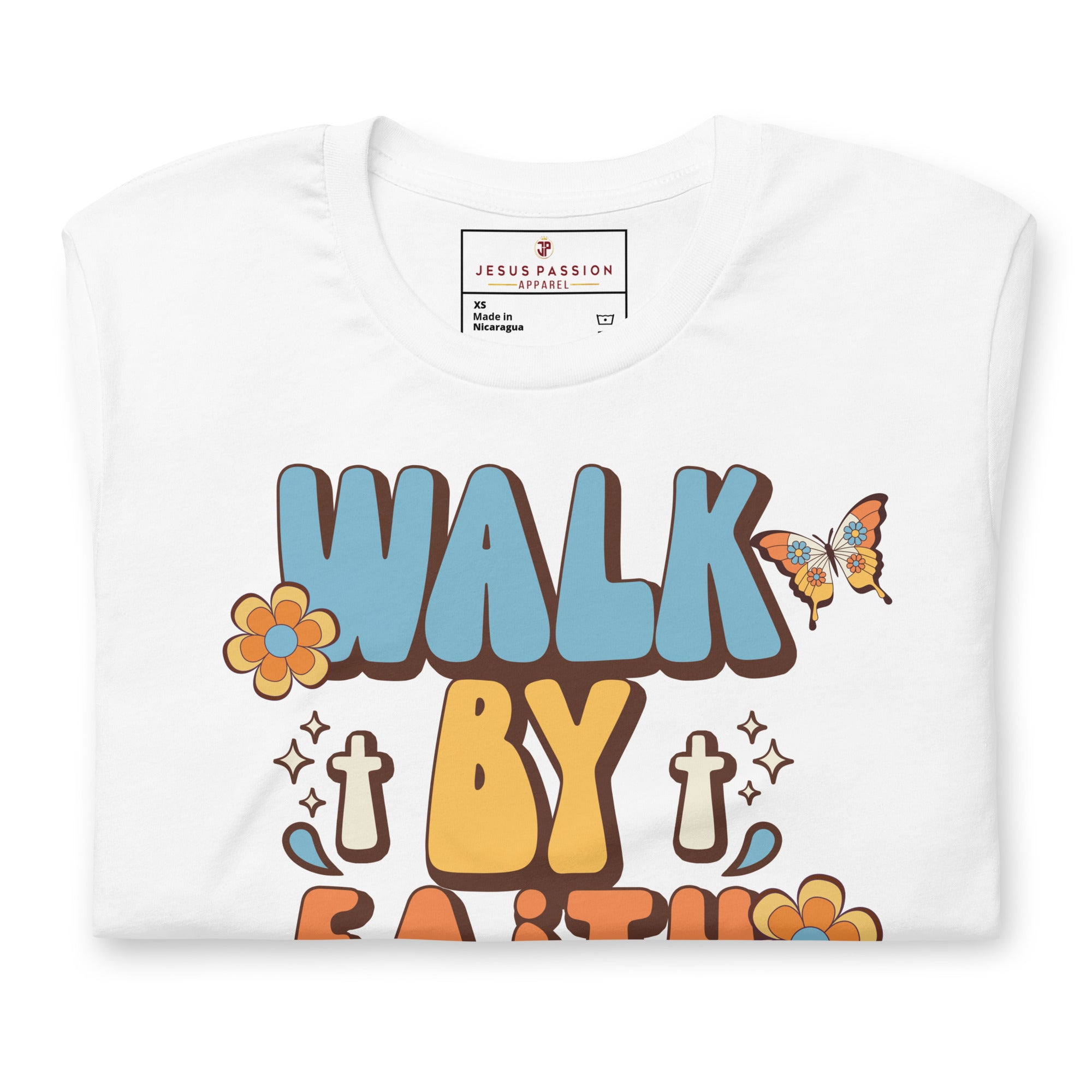 Walk By Faith Retro Unisex Fit T-Shirt Color: Black Heather Size: XS Jesus Passion Apparel