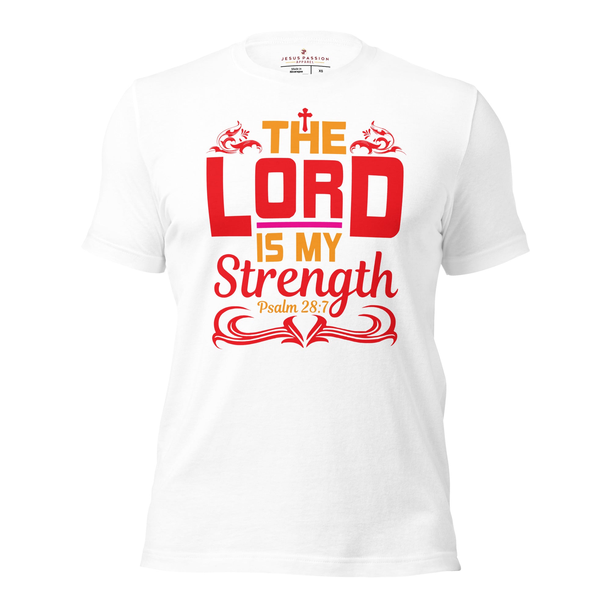 The Lord is My Strength Jersey Short Sleeve T-Shirt Color: White Size: XS Jesus Passion Apparel