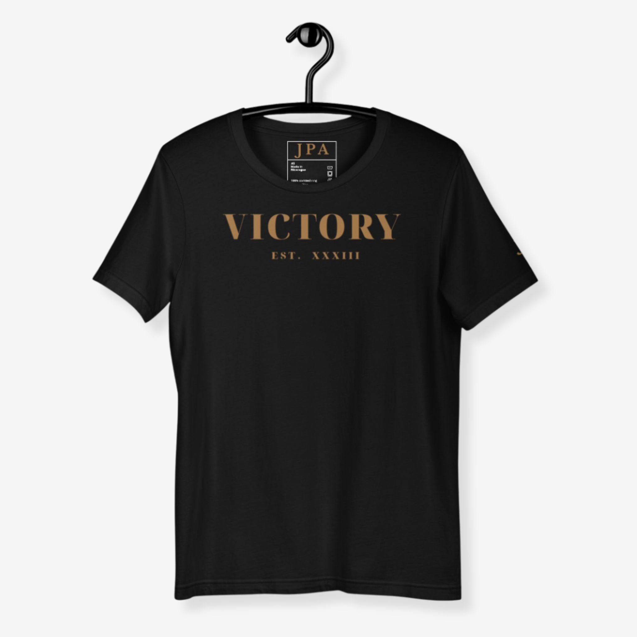 Black t-shirt with 'VICTORY' text on a hanger against a white background
