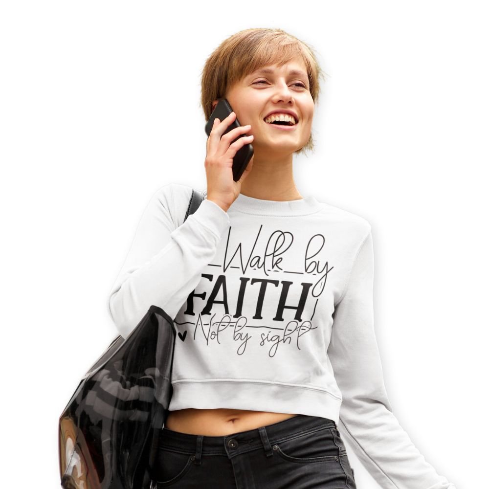 Walk by Faith Women's Cropped Raglan Pullover Fleece Sweatshirt - White - Jesus Passion Apparel