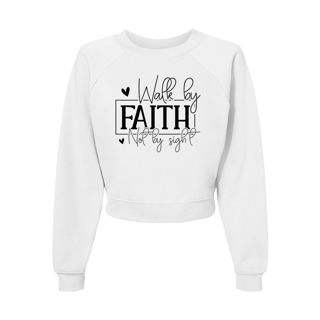 Walk by Faith Women's Cropped Raglan Pullover Fleece Sweatshirt - White - Jesus Passion Apparel