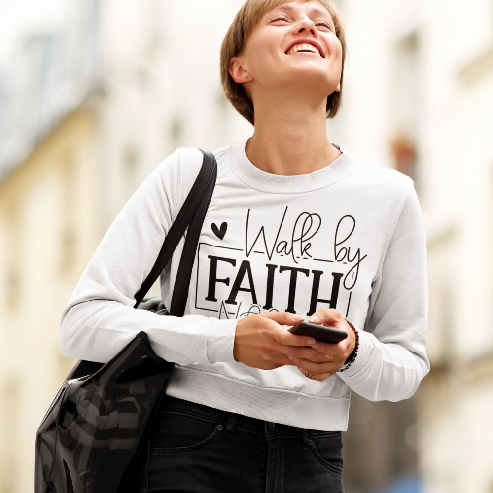 Walk by Faith Women's Cropped Raglan Pullover Fleece Sweatshirt - White - Jesus Passion Apparel