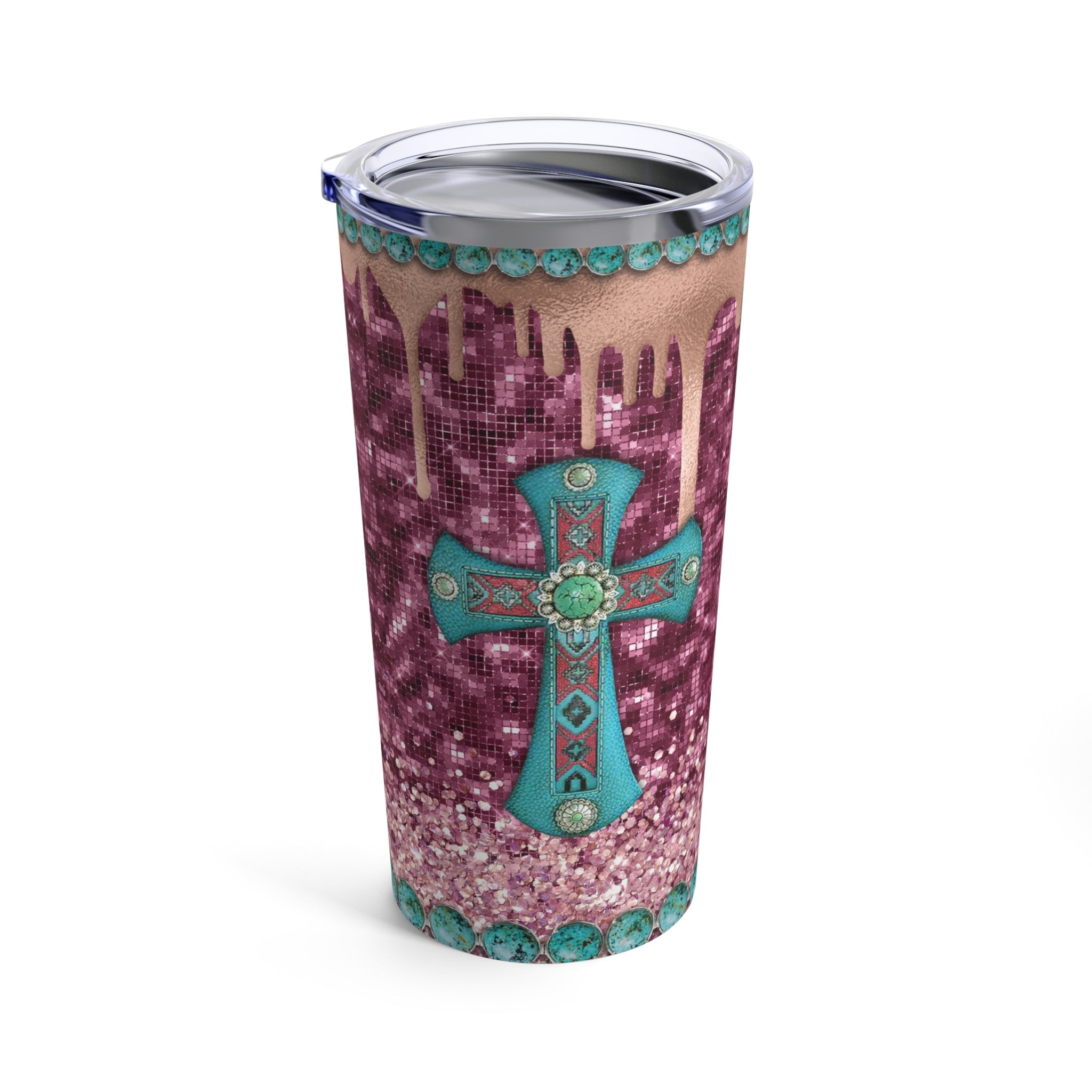 Western Turquois Cross Pink Glitter Hot - Cold Tumbler 20 oz with Sip Lid - Jesus Passion Apparel