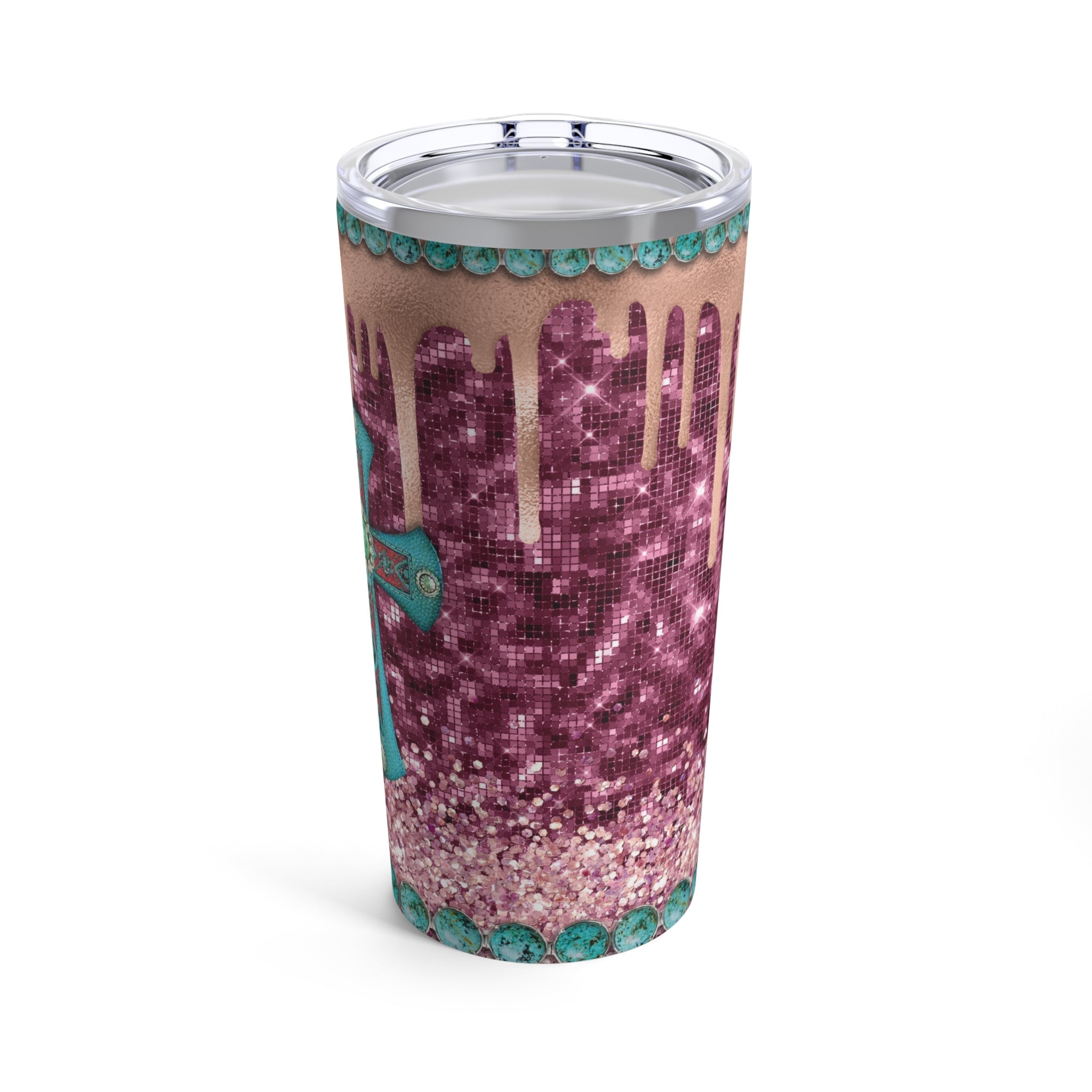 Western Turquois Cross Pink Glitter Hot - Cold Tumbler 20 oz with Sip Lid - Jesus Passion Apparel