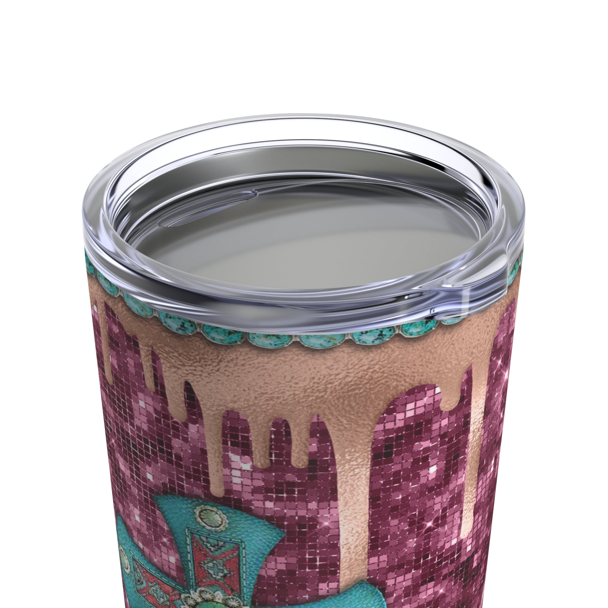 Western Turquois Cross Pink Glitter Hot - Cold Tumbler 20 oz with Sip Lid - Jesus Passion Apparel