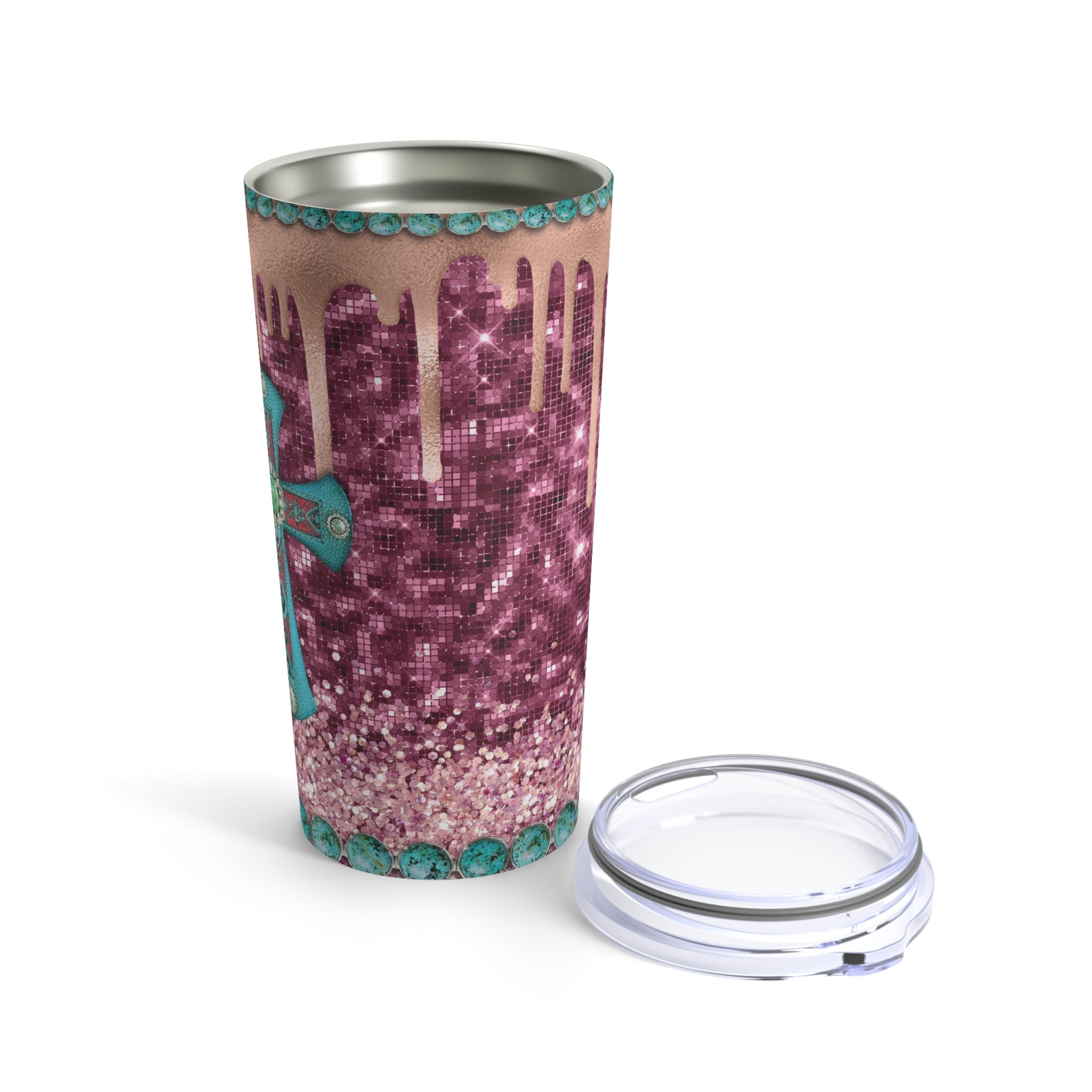 Western Turquois Cross Pink Glitter Hot - Cold Tumbler 20 oz with Sip Lid - Jesus Passion Apparel