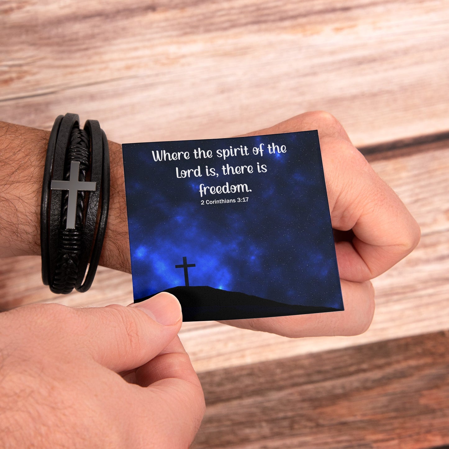 Where The Spirit of the Lord - Men's Cross and Black Braided Rope Bracelet - Jesus Passion Apparel