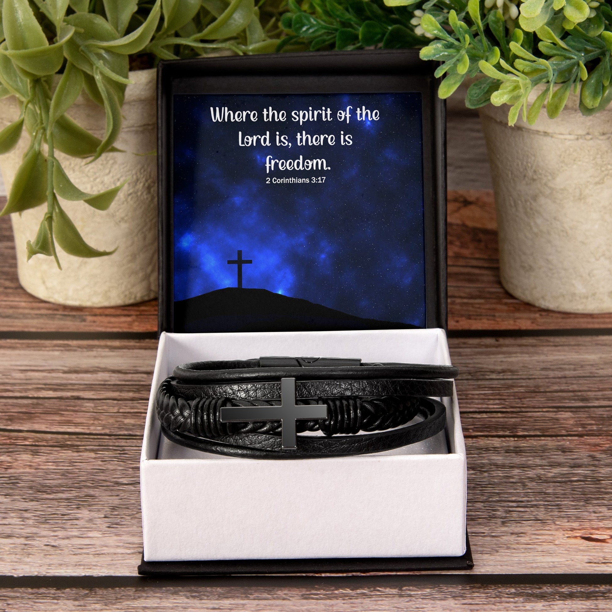 Where The Spirit of the Lord - Men's Cross and Black Braided Rope Bracelet - Jesus Passion Apparel