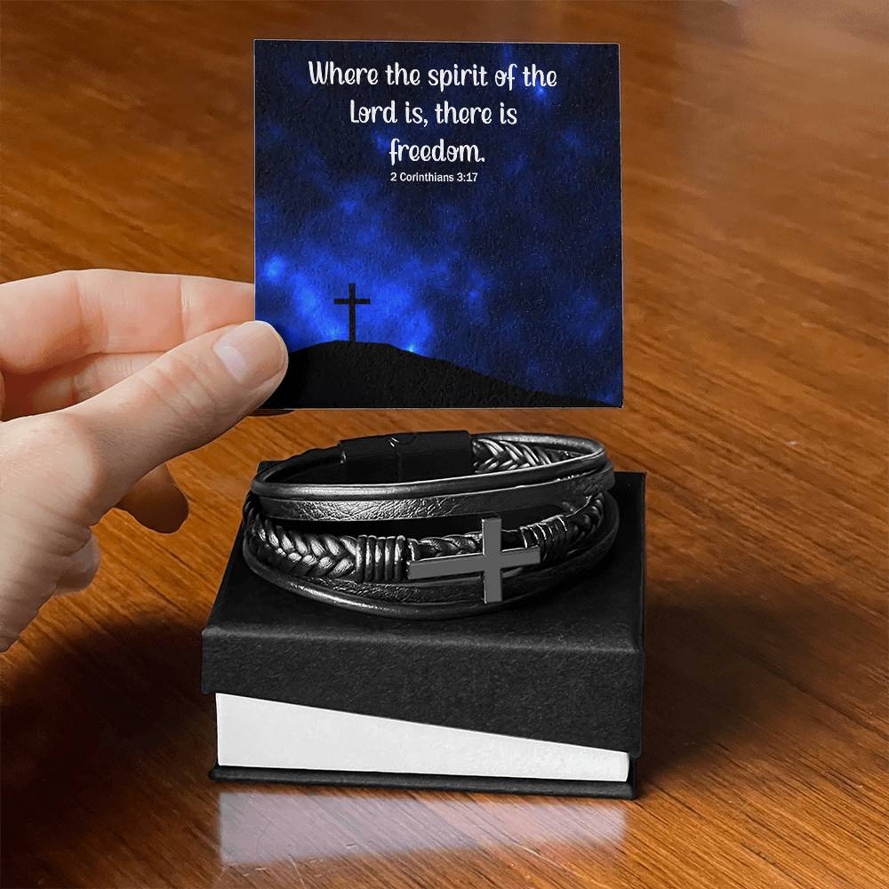 Where The Spirit of the Lord - Men's Cross and Black Braided Rope Bracelet - Jesus Passion Apparel