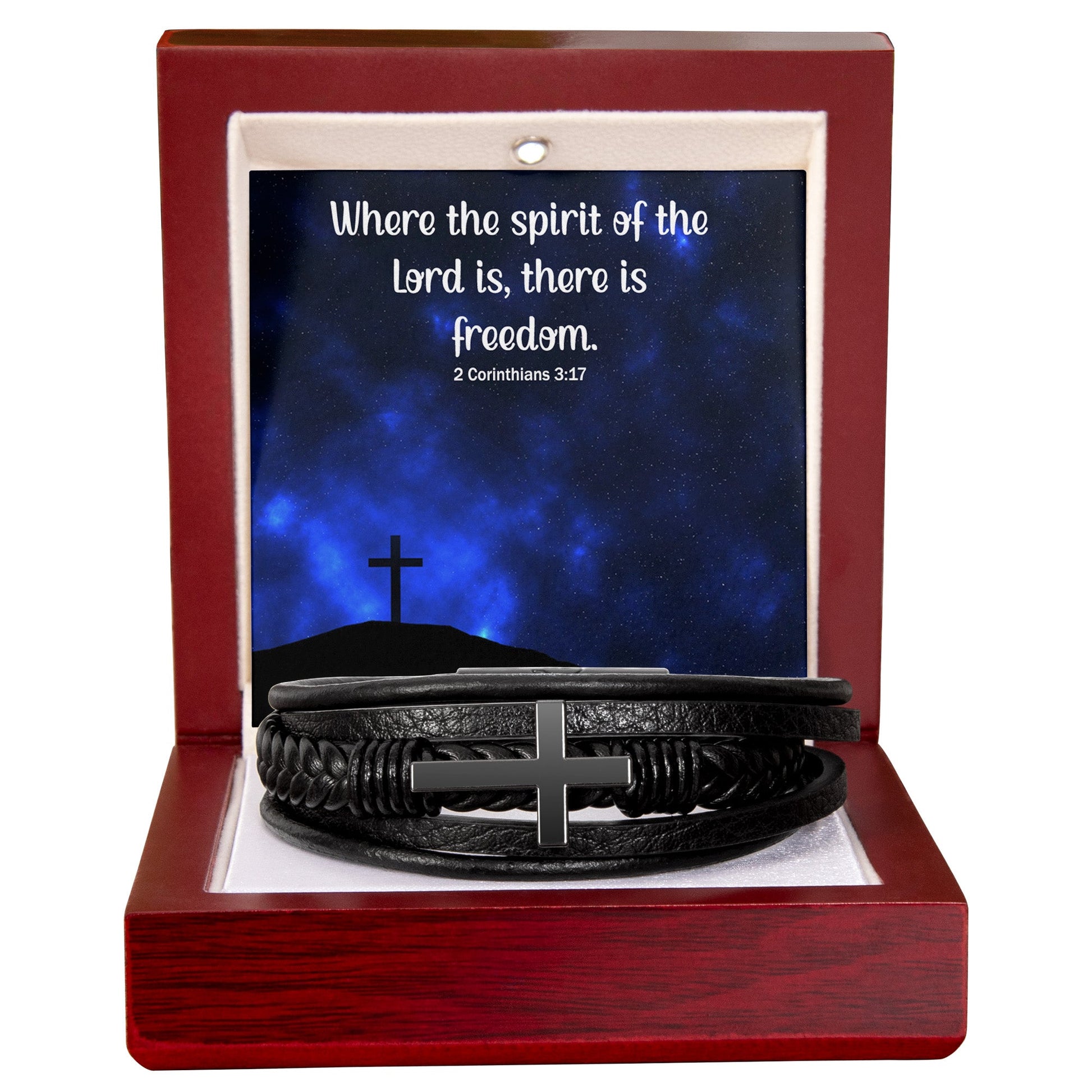 Where The Spirit of the Lord - Men's Cross and Black Braided Rope Bracelet - Jesus Passion Apparel