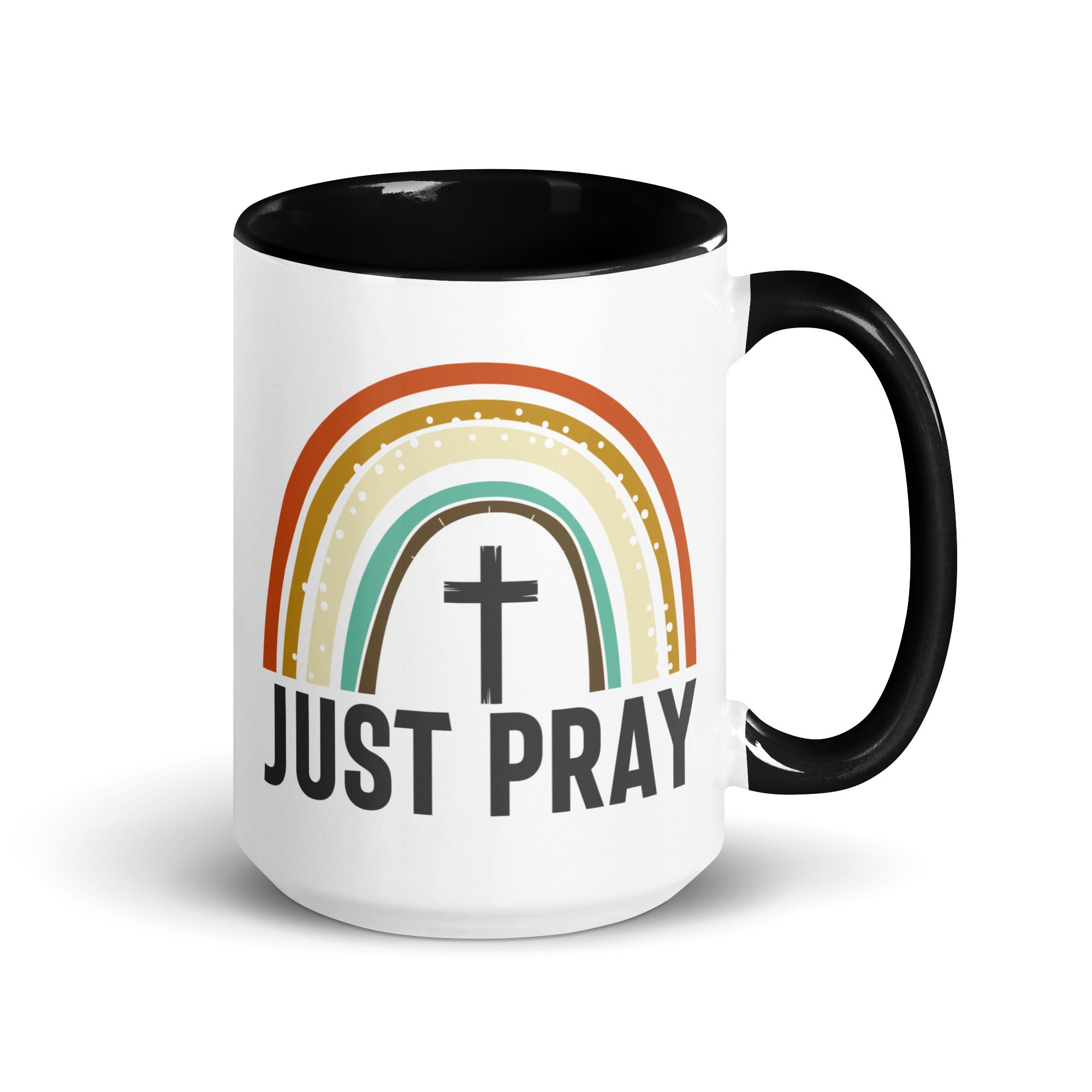 Just Pray Rainbow 15 oz Mug with Color Inside - Black, Red, or Green Color: Black Jesus Passion Apparel