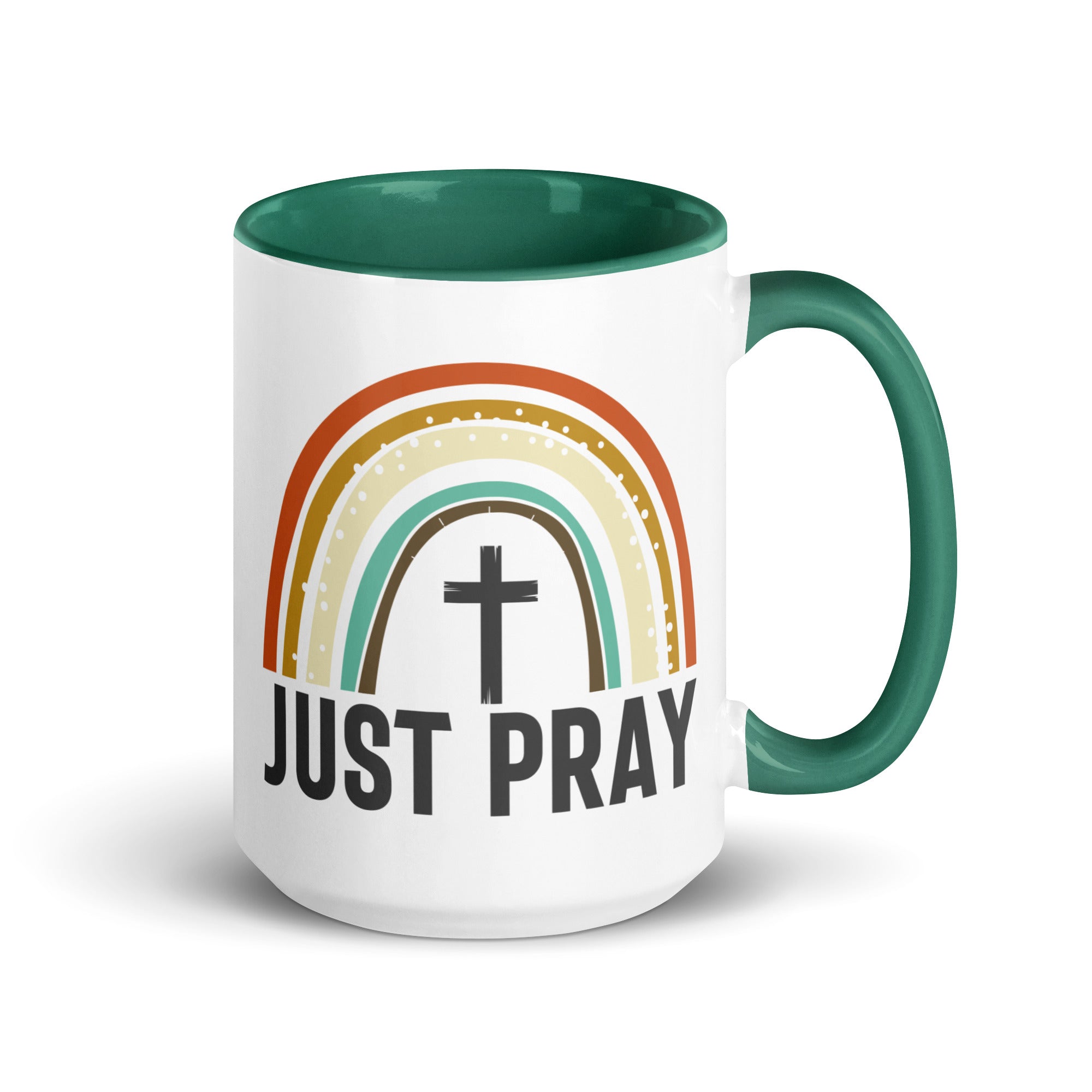 Just Pray Rainbow 15 oz Mug with Color Inside - Black, Red, or Green Color: Dark green Jesus Passion Apparel