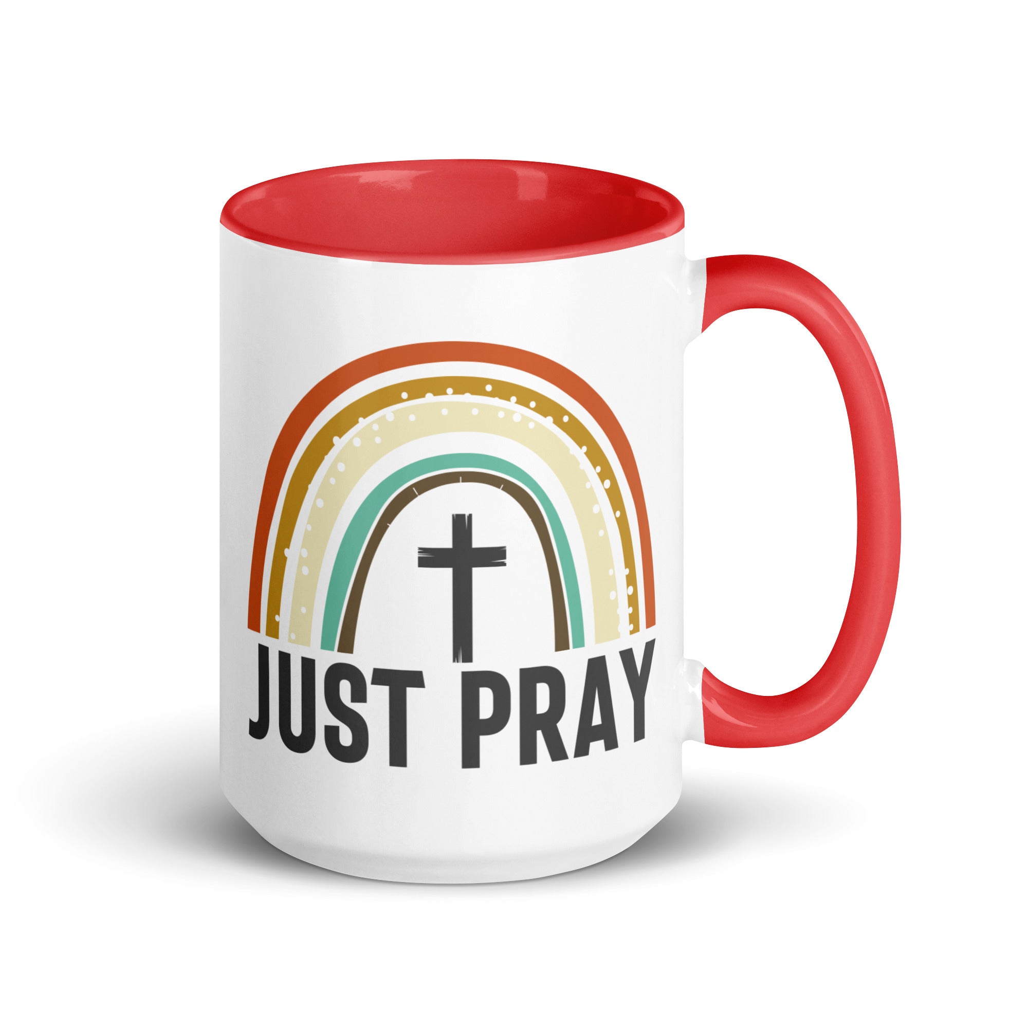 Just Pray Rainbow 15 oz Mug with Color Inside - Black, Red, or Green Color: Red Jesus Passion Apparel