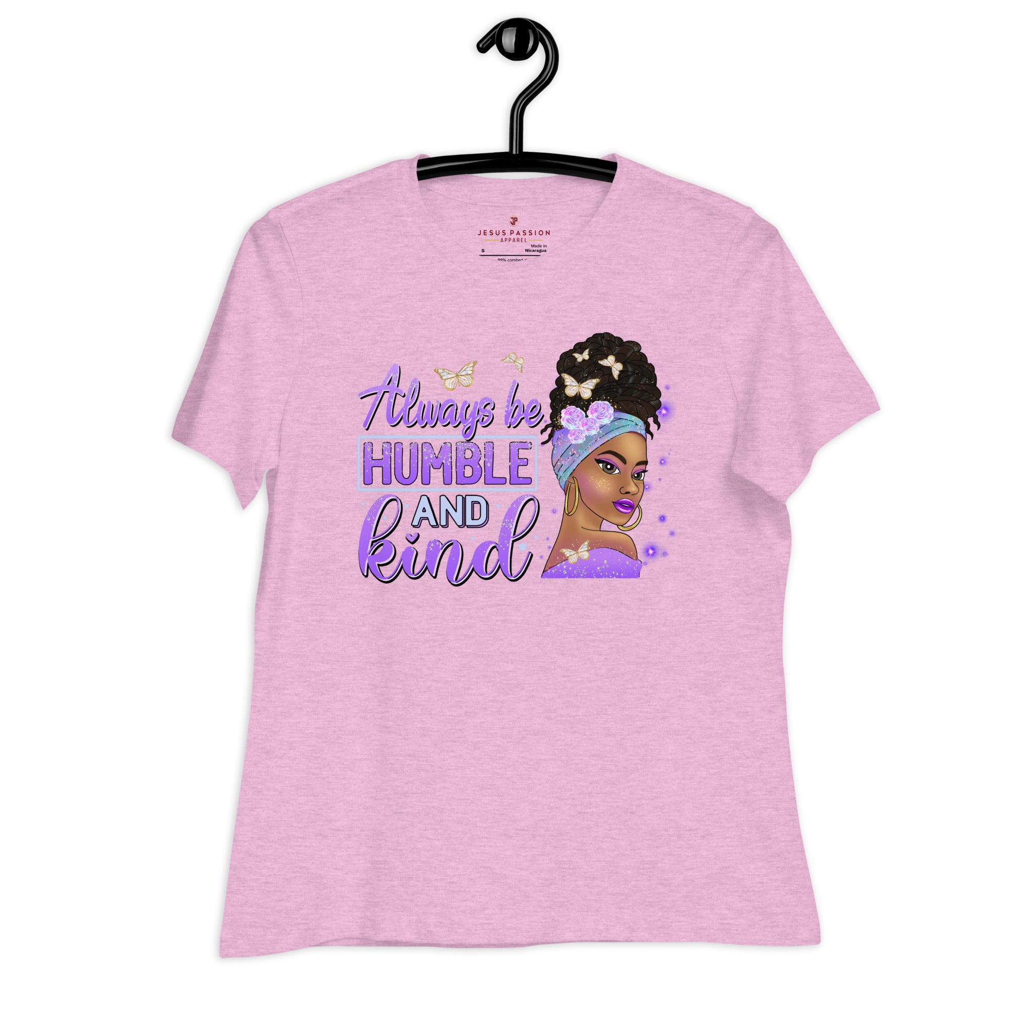 Always Be Humble and Kind Women's Relaxed Fit T-Shirt Color: Heather Prism Lilac Size: S Jesus Passion Apparel