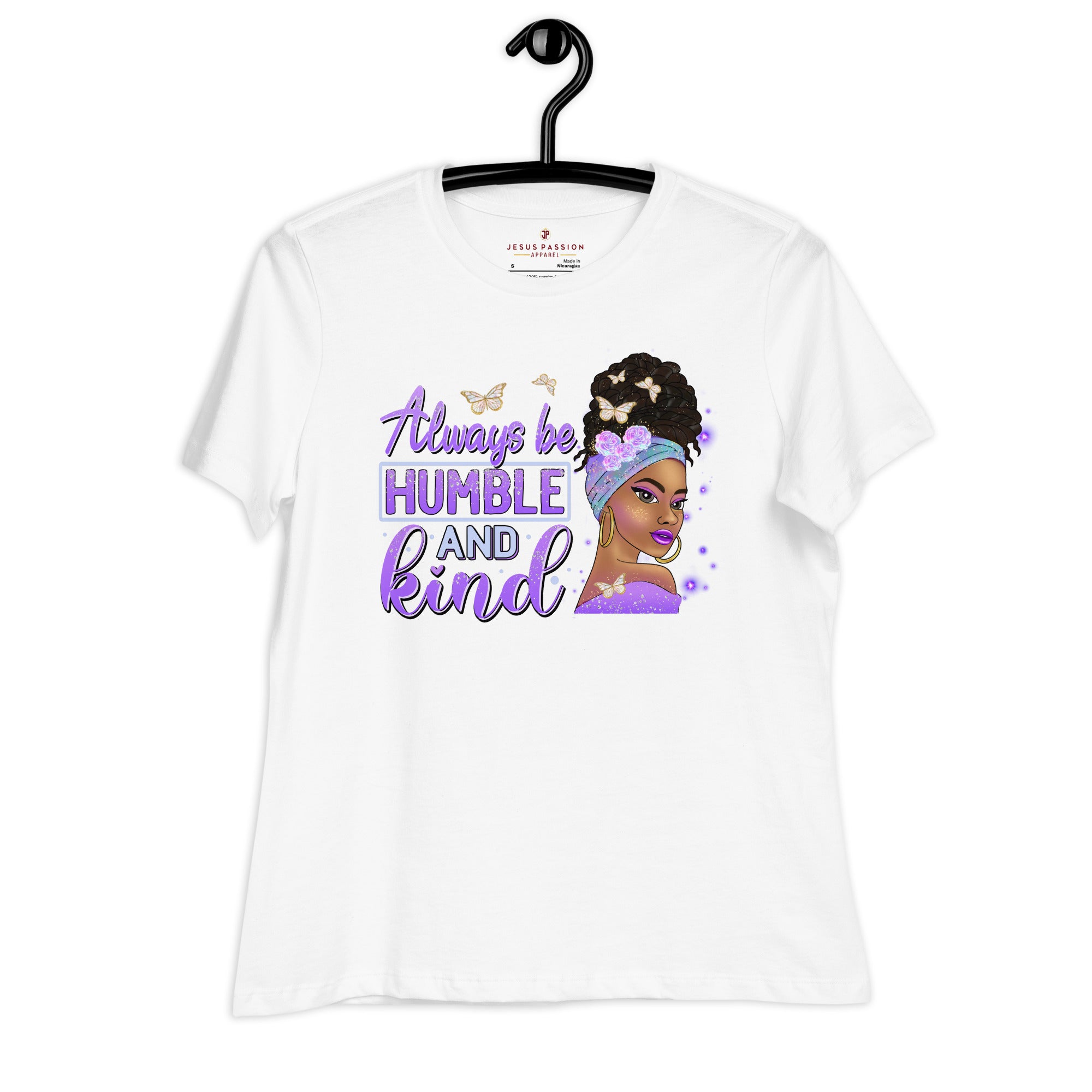 Always Be Humble and Kind Women's Relaxed Fit T-Shirt Color: Heather Prism Lilac Size: S Jesus Passion Apparel