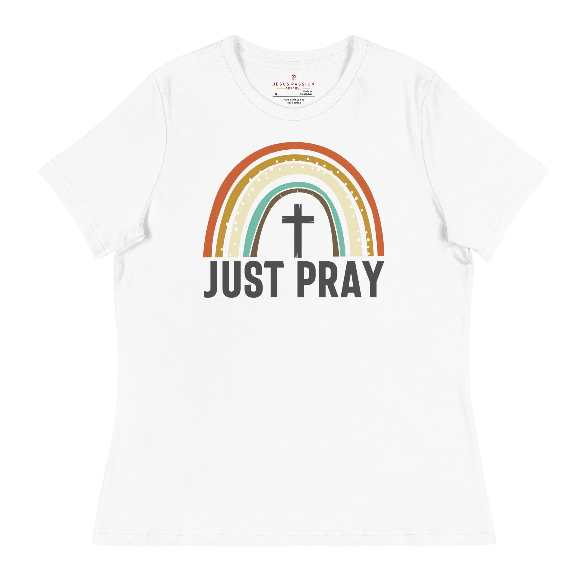 Just Pray Rainbow Jersey Short Sleeve T-Shirt - Matching Tote Available Color: White Size: S Jesus Passion Apparel