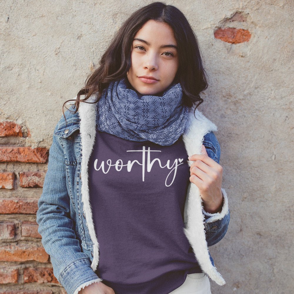 Worthy Women's Fleece Unisex - Fit Sweatshirt Purple / Navy - Jesus Passion Apparel