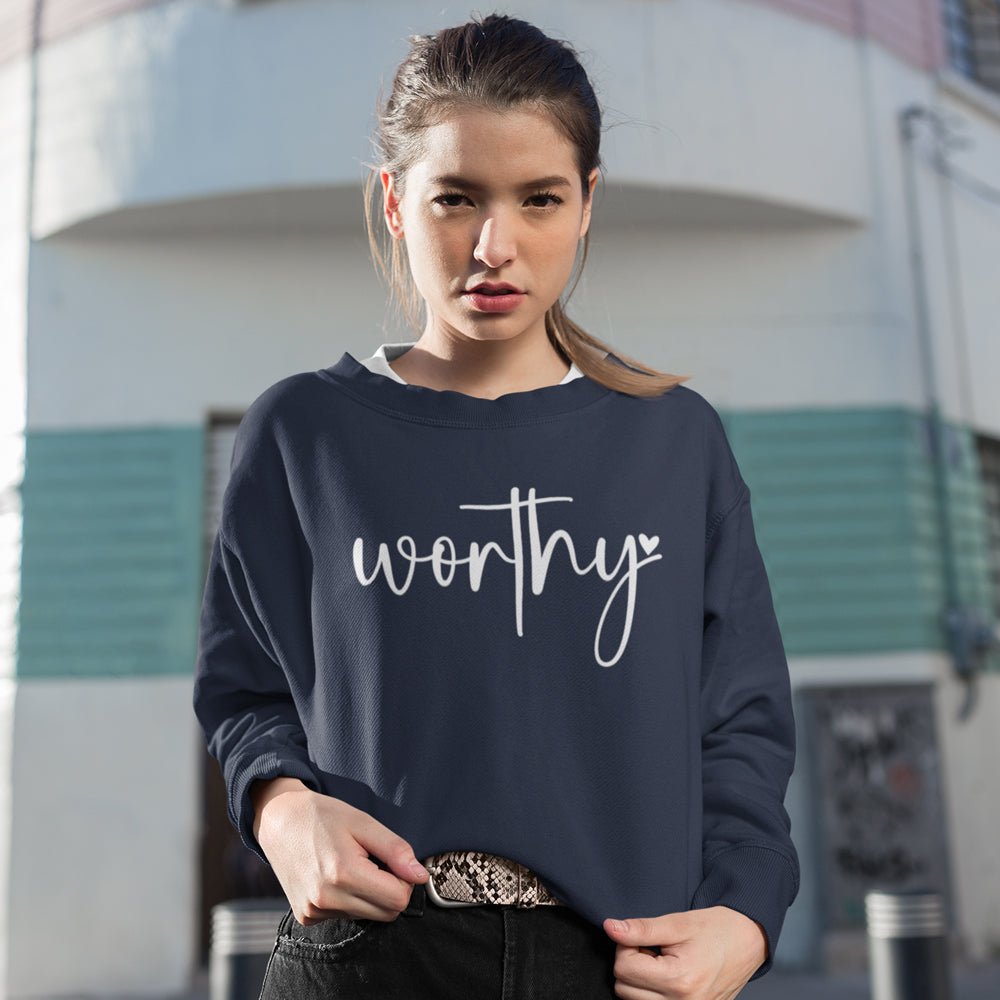 Worthy Women's Fleece Unisex - Fit Sweatshirt Purple / Navy - Jesus Passion Apparel