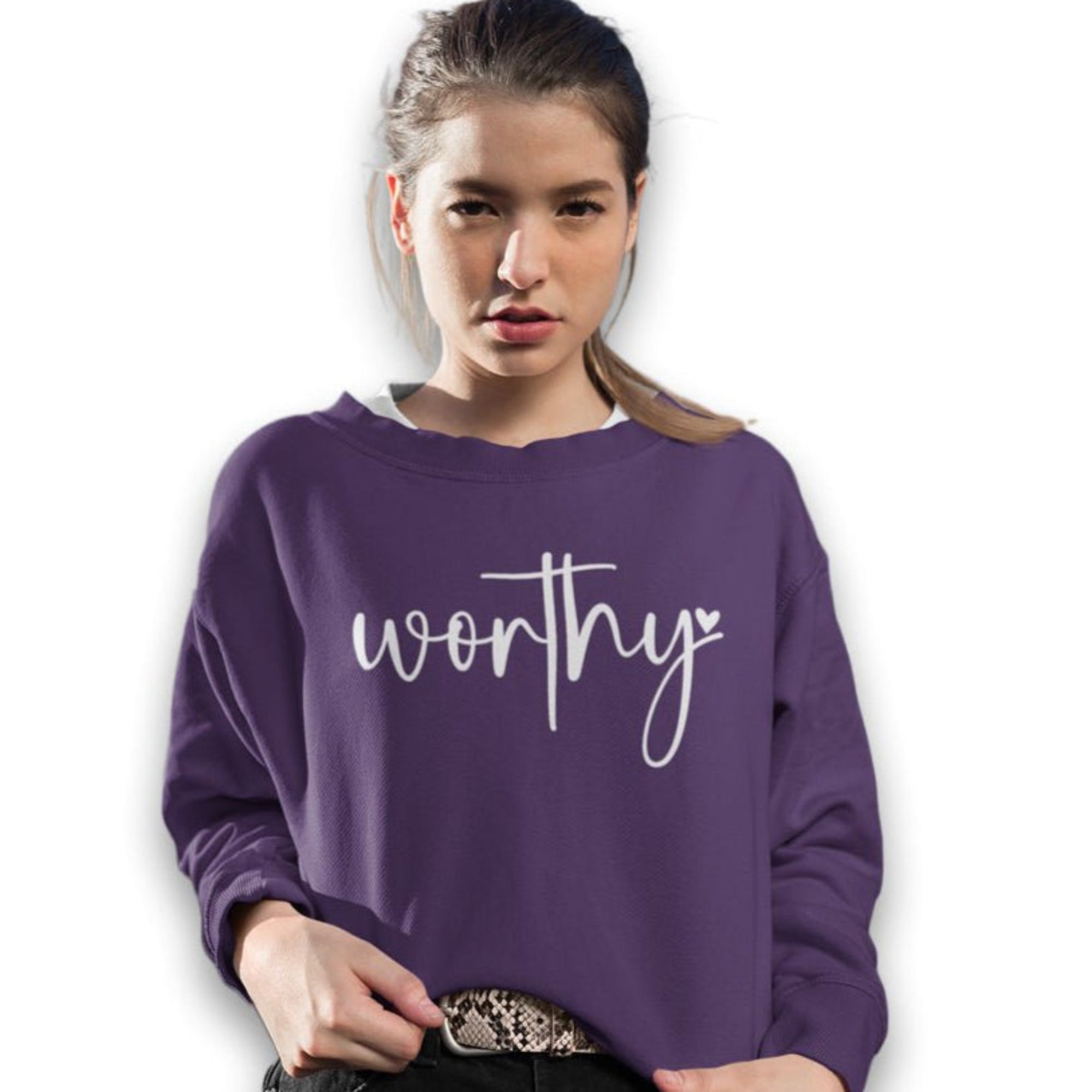 Worthy Women's Fleece Unisex - Fit Sweatshirt Purple / Navy - Jesus Passion Apparel