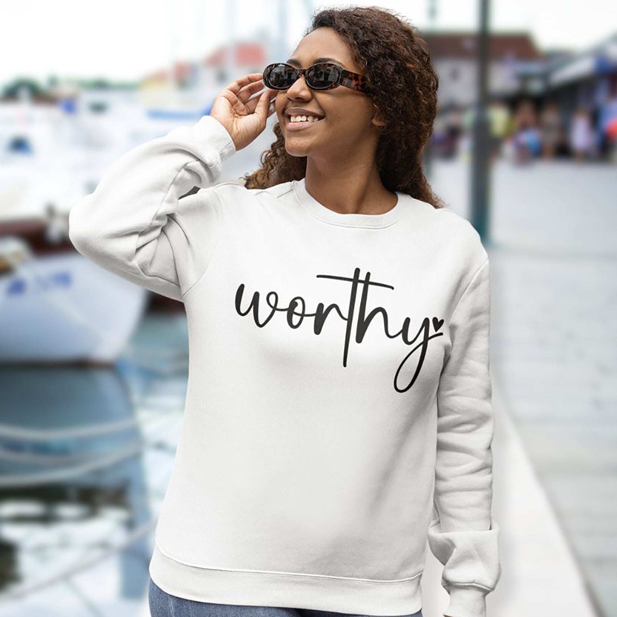 Worthy Women's Fleece Unisex - Fit Sweatshirt White / Sport Gray - Jesus Passion Apparel