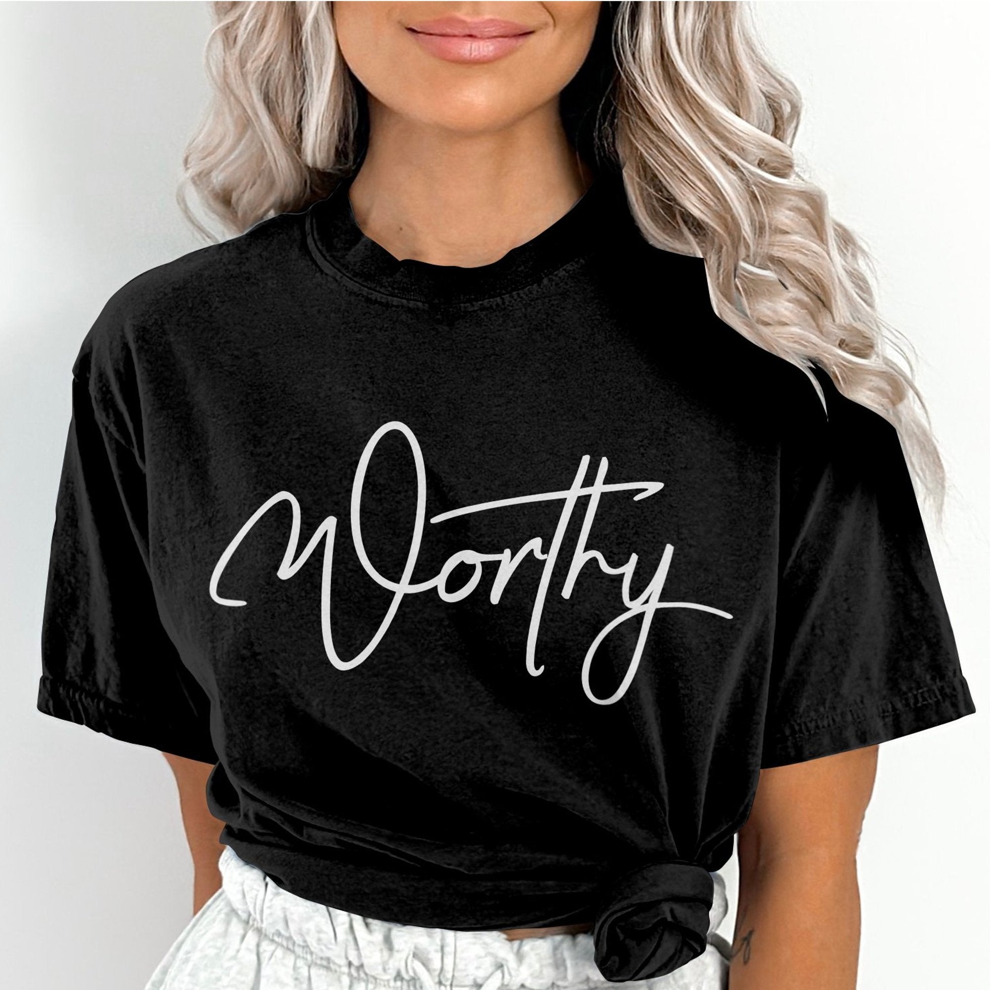 Worthy Women's Jersey Short Sleeve Tee - Black / White - Jesus Passion Apparel