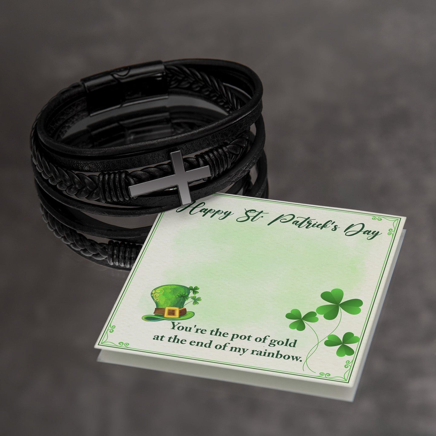 You're The Pot of Gold - Saint Patrick's Day Gift - Men's Cross and Black Braided Rope Bracelet - Jesus Passion Apparel