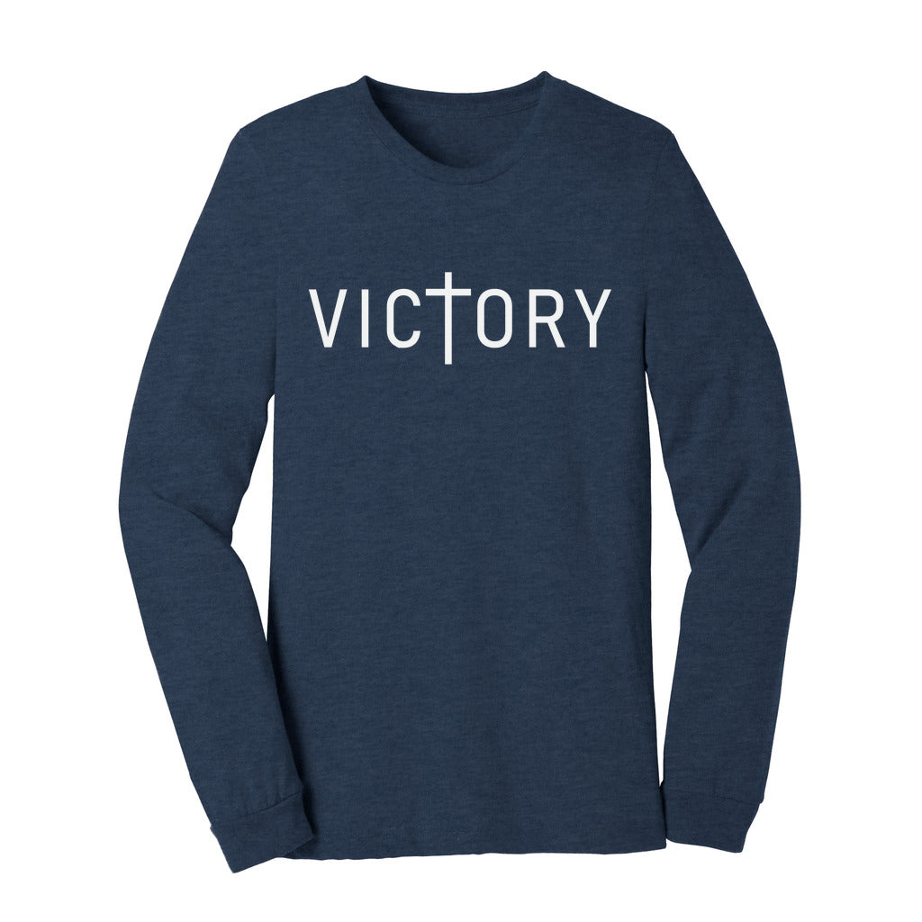 Victory Unisex Jersey Long Sleeve Tee Size: S Color: Heather Navy Jesus Passion Apparel