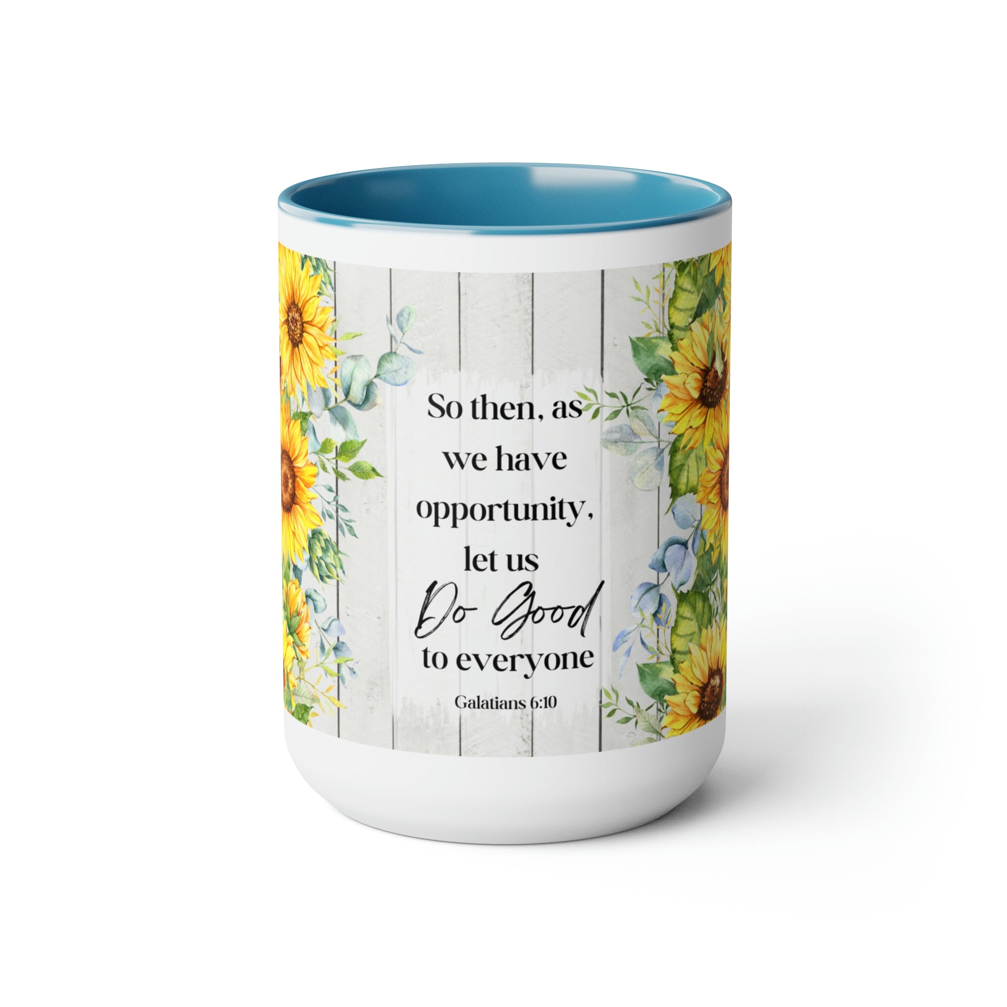 Do Good to Everyone - Galatian 6:10 Blue and White Two-Tone Coffee Mug, 15oz Size: 15oz Color: Light Blue Jesus Passion Apparel