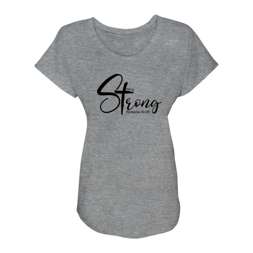 She is Strong Proverbs 31:25 Relaxed-Fit Scoop Neck T-Shirt Size: XS Color: Premium Heather Jesus Passion Apparel