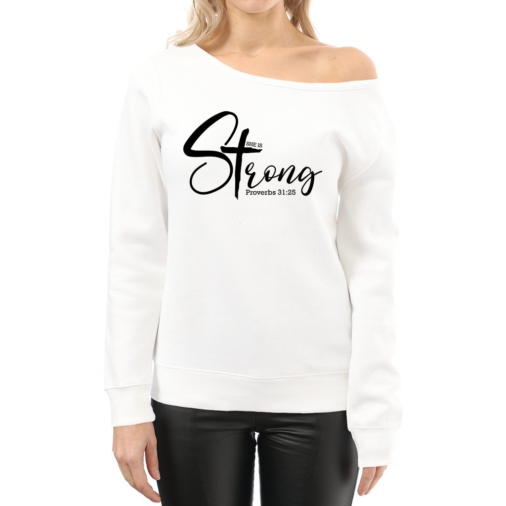 She is Strong Women's Off The Shoulder Tops Sweatshirt Size: S Color: White Jesus Passion Apparel