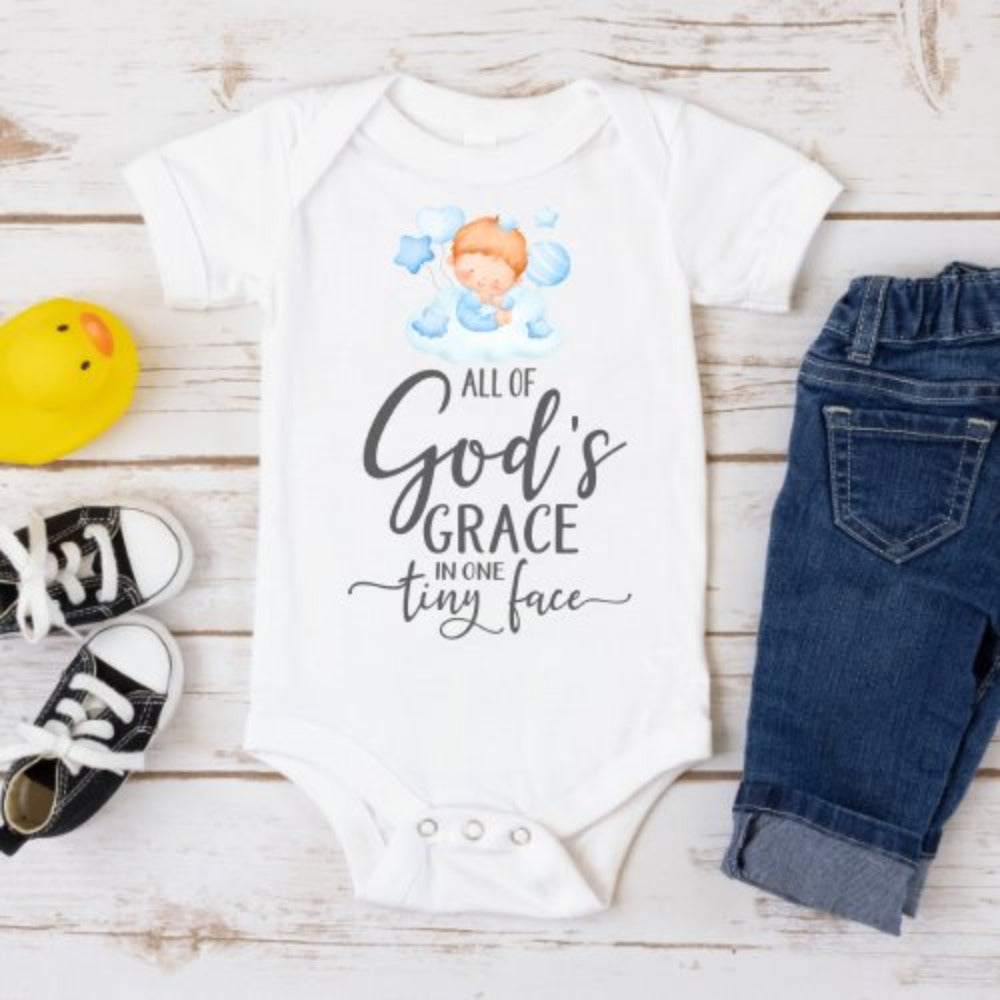 All Of Gods Grace in One Tiny Face Bodysuit Personalized Baby Boy Blonde Hair Color: Athletic Heather Size: 3-6m Jesus Passion Apparel