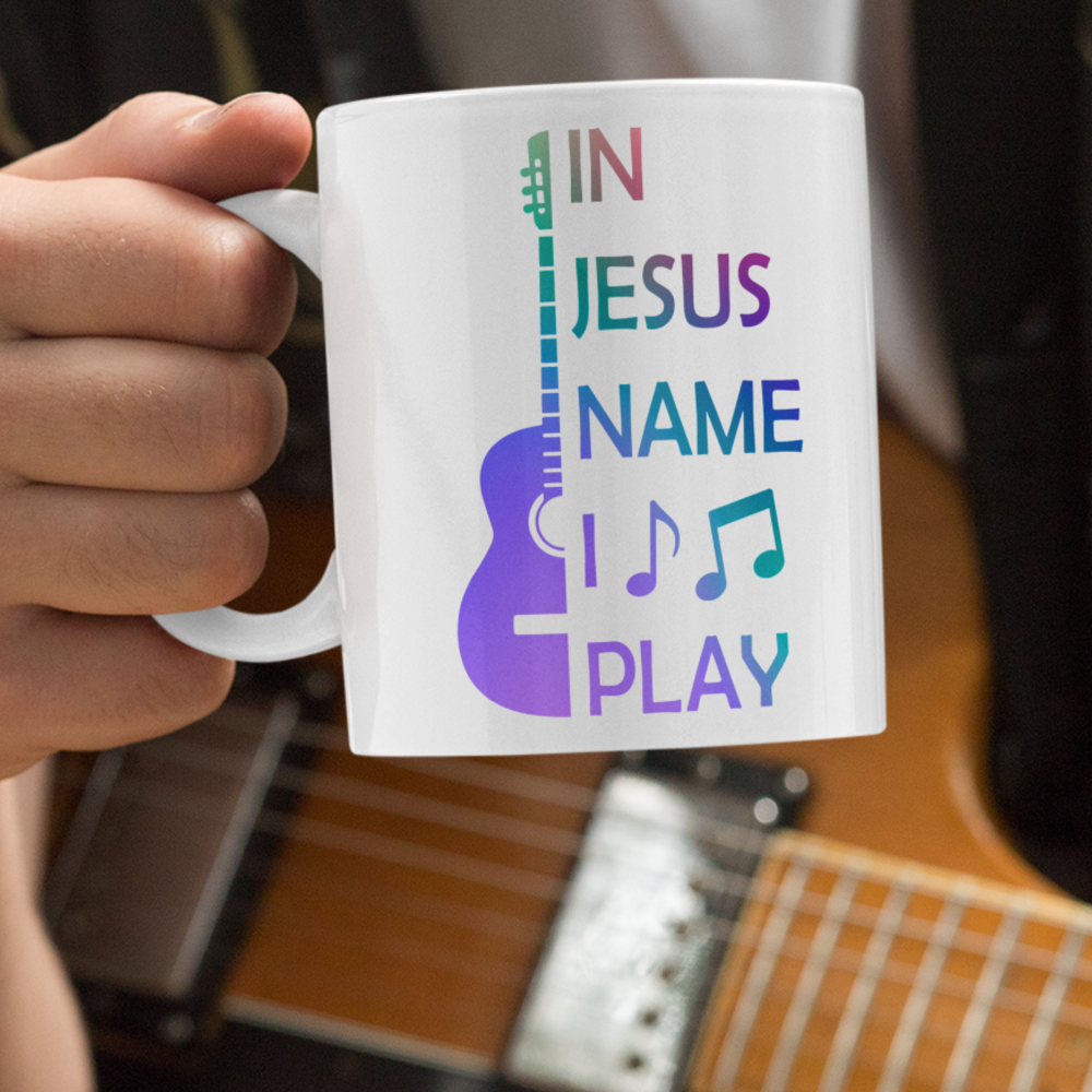 In Jesus Name I Play Acoustic Guitar - 15 oz Mug Size: Black 15oz Jesus Passion Apparel