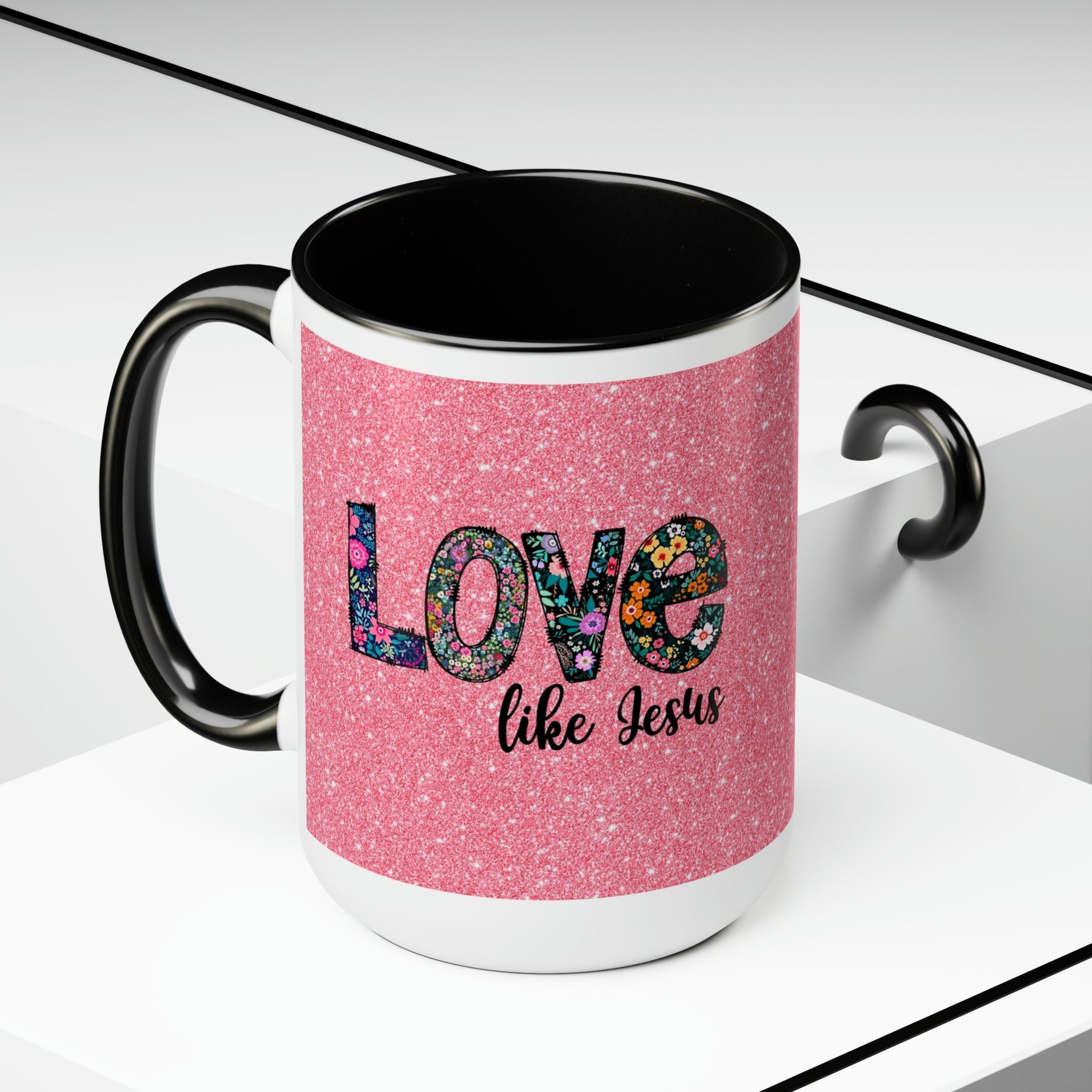 Love Like Jesus Blue, Pink or Black and White Two-Tone Coffee Mug, 15oz Size: 15oz Color: Light Blue Jesus Passion Apparel